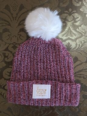 Love Your Melon Women's Pink Marled Knit Beanie With White Faux Fur Pom